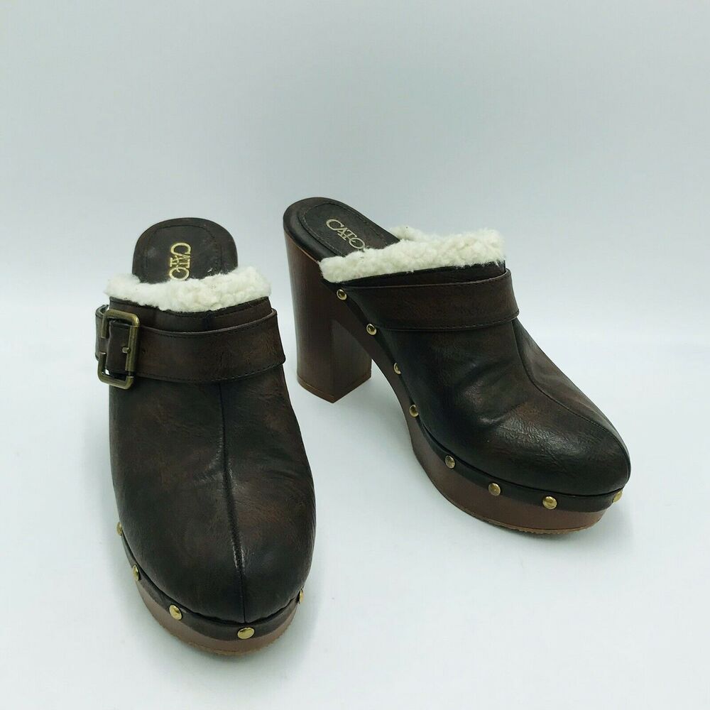 Cato Women's 7 Mule Clogs Brown Faux Leather Faux Fur Stacked Heel Gold Studs